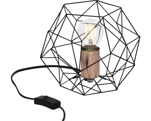 Dekorativní stolní lampa s geometrickým drátěným rámem a vypínačem