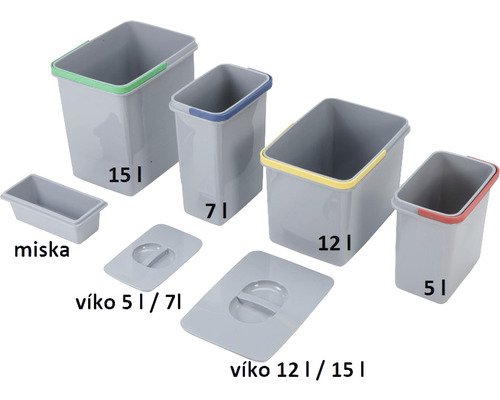 Sada odpadkových nádob různých velikostí a vík