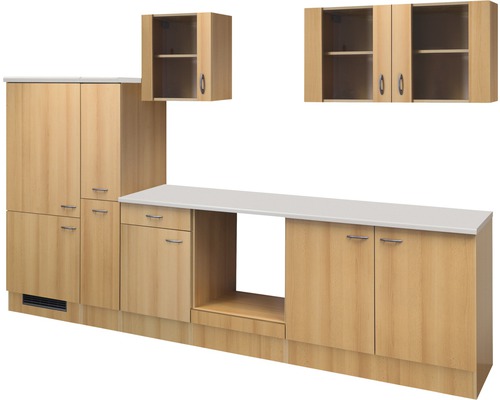 Kuchyňský blok Flex Well Nano 300 cm barva čela buk matná barva korpusu buk Kuchyňská linka se spodními skříňkami, zásuvkami, pracovní deskou a horními skříňkami