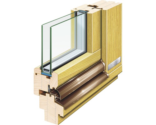 Průřez dřevěným oknem s dvojsklem a logem RORO