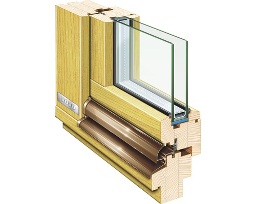 Řez dřevěným oknem s dvojitým zasklením a logem RORO.