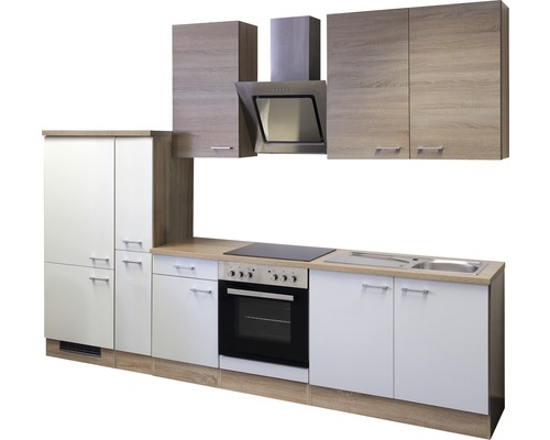Kompletní kuchyňská linka se závěsnými skříňkami, digestoří, dřezem a elektrickým sporákem