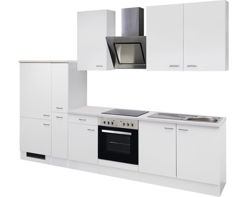 Kompletní kuchyňská linka s horními a spodními skříňkami, dřezem, sporákem a odsavačem par