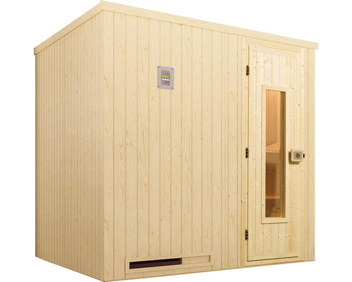 Dřevěná sauna s ovládacím prvkem a skleněnými dveřmi