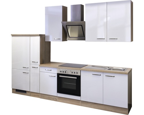 Kompletní kuchyňská linka se závěsnými skříňkami, digestoří, dřezem a elektrickými spotřebiči