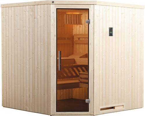 Rohová sauna se skleněnými dveřmi a ovládáním sauny