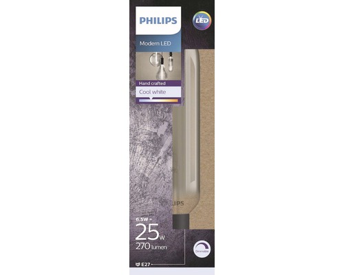 Logo společnosti Philips. Balení stmívatelné LED žárovky E27 s 270 lumeny a výkonem 6,5 W.