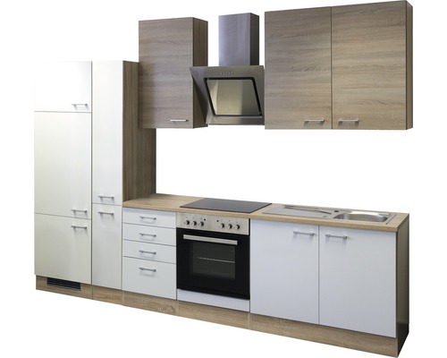 Kuchyňská linka s dřezem, sporákem, troubou, digestoří a skříňkami