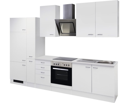 Kompletní kuchyně se závěsnými skříňkami, digestoří, dřezem, varnou deskou a troubou