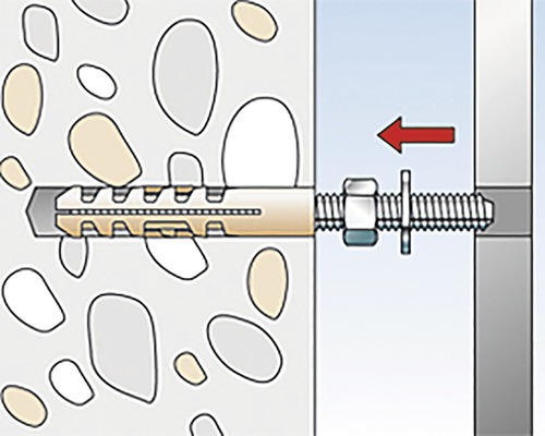 Ilustrace upevnění hmoždinky do betonové zdi pomocí šroubu a matice