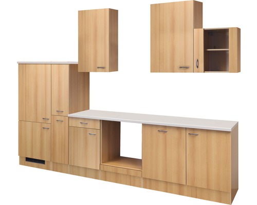 Kuchyňský blok Flex Well Nano 310 cm barva čela buk matná barva korpusu buk Kuchyňský nábytek s pracovní deskou a skříňkami