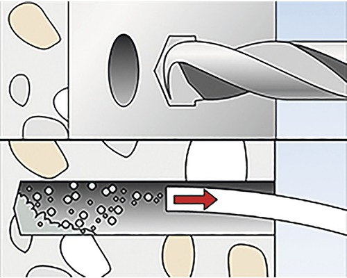 Ilustrace čištění otvoru pro vrtání pomocí vyfukovacího zařízení