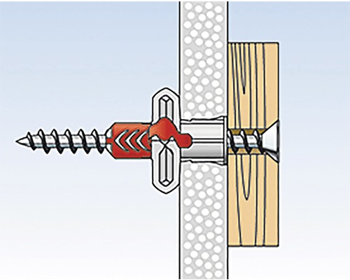 Ilustrace upevnění hmoždinky ve zdi se šroubem v dřevěné desce