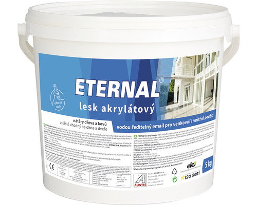 Univerzální barva Eternal lesk akrylátový bílý 5 kg Kbelík s akrylátovým lakem Eternal, vhodný na dřevo a kov, zejména na okna a dveře, vodou ředitelný email pro venkovní i vnitřní použití, 5 kg
