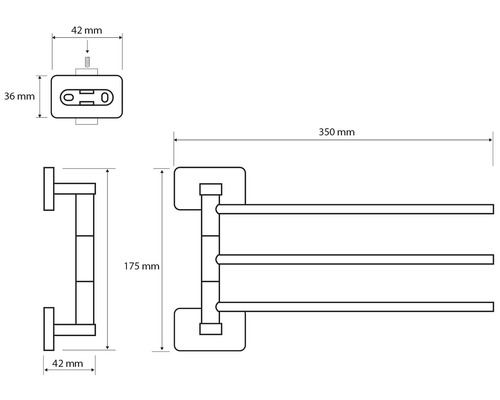 Technický výkres držáku na ručníky se třemi tyčemi a rozměry