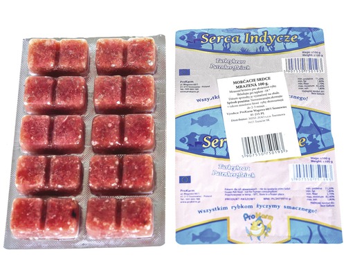 Mražené krmivo Blistr krůtí srdce 100 g Mražené krůtí srdce v kostkách pro okrasné ryby, 100 gramů