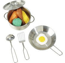 Sada do dětské kuchyňky s hrncem, pánví, zeleninou, naběračkou a obracečkou