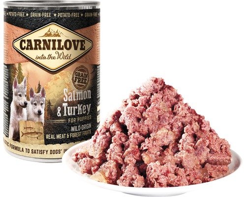 Konzerva a talíř s krmivem pro štěňata Carnilove s lososem a krůtou