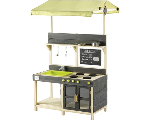 Dřevěná dětská kuchyňka s markýzou, dřezem, varnými deskami, troubou, tabulí a příslušenstvím