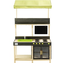 Dřevěná dětská kuchyňka s látkovou střechou, dřezem a varnou deskou