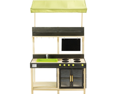 Dřevěná dětská kuchyňka s látkovou střechou, dřezem a varnou deskou