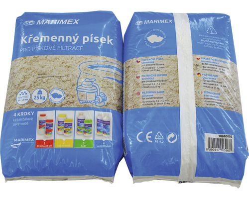 Balení křemenného písku pro pískové filtrace, zrnitost 0,6 až 1,2 mm, hmotnost přibližně 25 kg