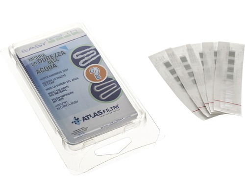 Test tvrdosti vody Atlas Filtri v průhledném plastovém obalu s testovacími proužky