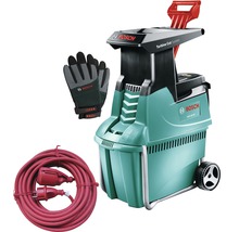 Zahradní drtič s napájecím kabelem a pracovními rukavicemi