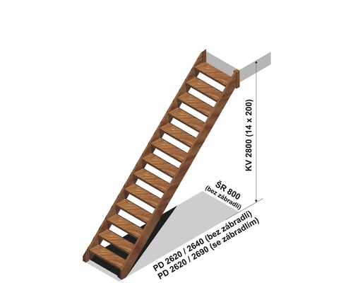 Ilustrace dřevěného schodiště bez zábradlí s rozměry