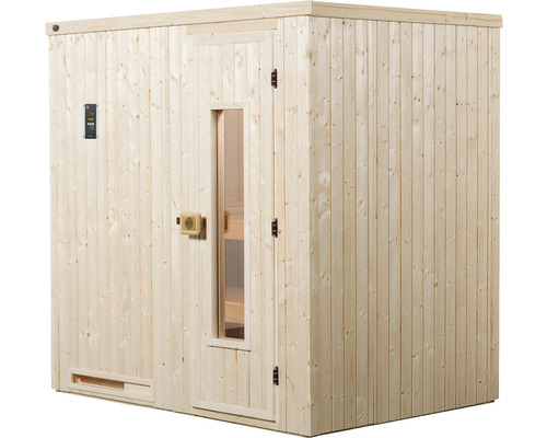 Dřevěná sauna s dveřmi a oknem