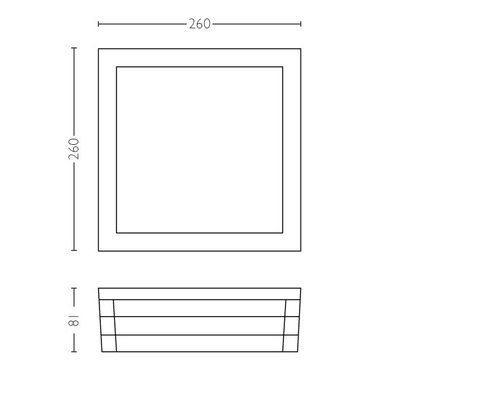 Technický nákres čtvercového svítidla o rozměrech 260 x 260 x 18 milimetrů.