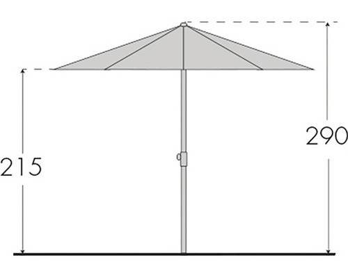 Technický nákres slunečníku s výškou 215 cm a rozpětím 290 cm