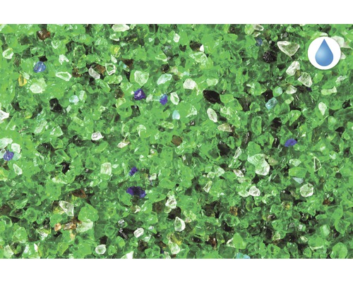 Zelené skleněné střepy jako krytina jezírka se symbolem propustnosti vody