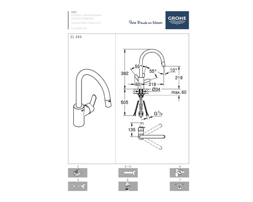 Technický nákres kuchyňské baterie s rozměry a montážními pokyny.