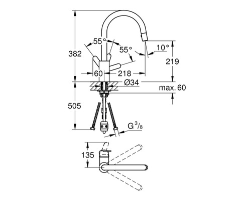 Technický nákres vodovodní baterie s rozměry