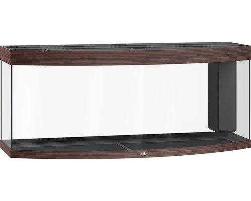 Akvárium se zakřiveným předním sklem a dřevěným dekorem