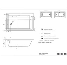 Technický nákres vany Lusso Plus 170x80 s rozměry a vysvětlivkami symbolů