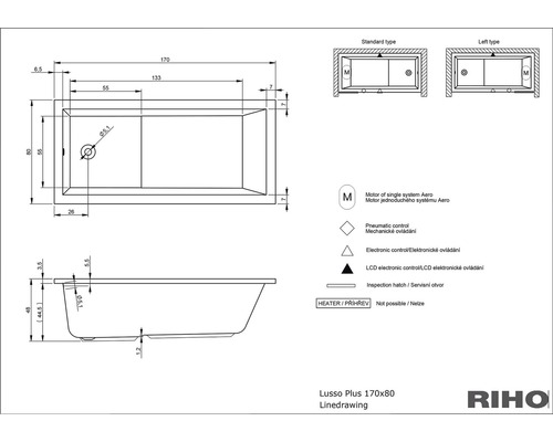 Technický nákres vany Lusso Plus 170x80 s rozměry a vysvětlivkami symbolů