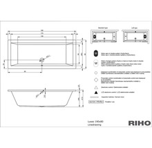 Technický nákres vany Lusso, 190 krát 80 centimetrů, s rozměry a vysvětlivkami symbolů