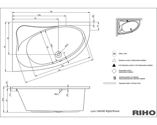 Technický nákres vany Lyra 140x90 s rozměry a symboly