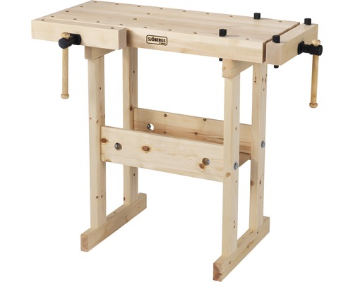 Dřevěná pracovní lavice se svěrákem a úložnou plochou