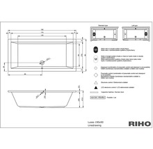 Technický nákres vany, model Lusso 190x90 od Riho, s rozměry a vysvětlivkami symbolů.