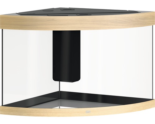 Rohové akvárium s dřevěným rámem a vnitřním filtrem