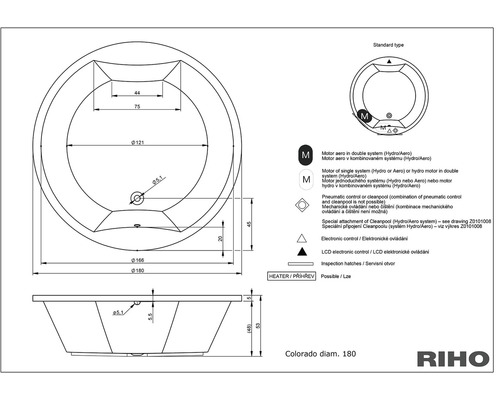 Technický nákres vany Riho Colorado o průměru 180 cm a souvisejících symbolů