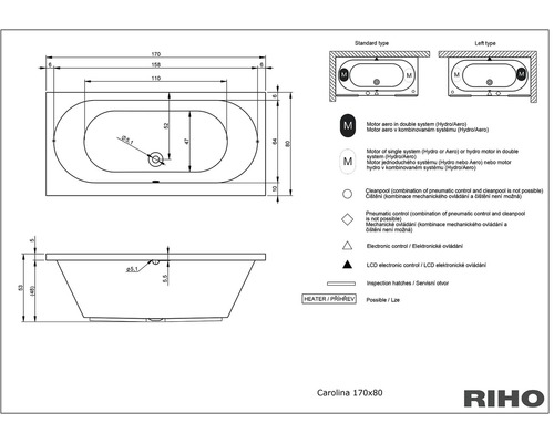 Technický nákres vany Carolina 170x80 s rozměry