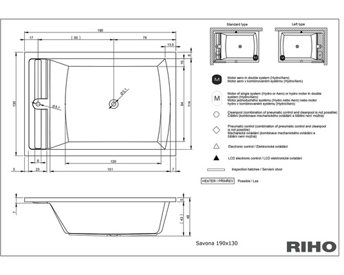 Technický výkres vany Savona 190x130 od společnosti RIHO s rozměry a vysvětlivkami symbolů