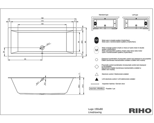 Technický nákres vany Lugo 190x80 s rozměry a symboly pro vybavení