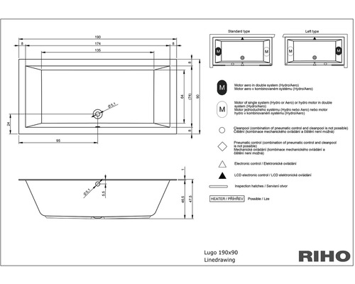 Technický výkres vany Lugo 190x90 od společnosti Riho s rozměry