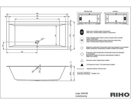 Technický nákres vany Lugo 200x90 od společnosti Riho s rozměry a vysvětlivkami symbolů.