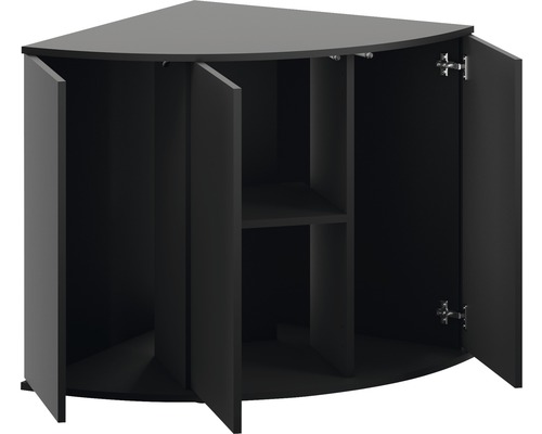 Rohová skříňka s otevřenými dvířky